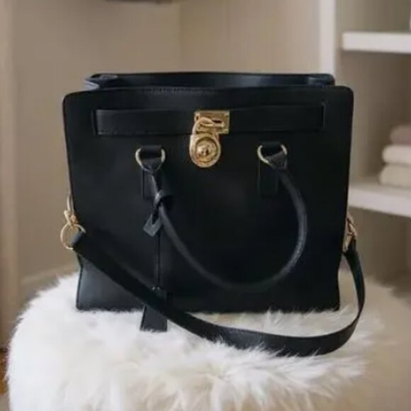 AUTHENTIC Michael Kors Hamilton Black Leather Gold Satchel Crossbody Tote Bag - Picture 3 of 10